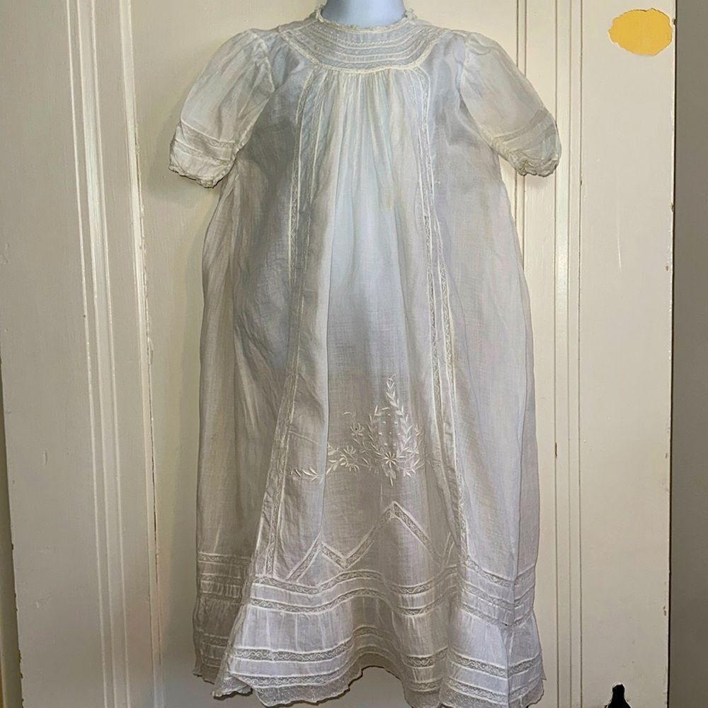 Antique‎ thin white cotton lawn embroidered long baby nightgown